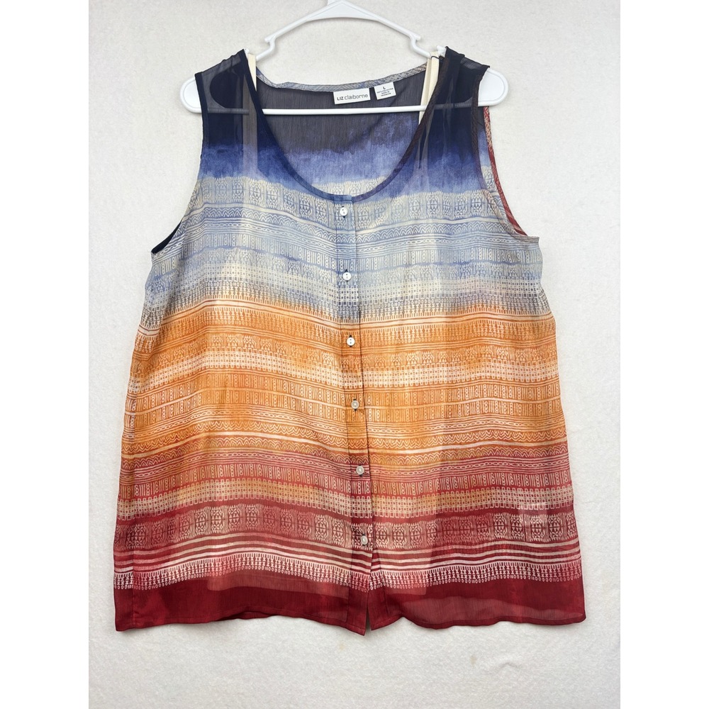 Liz Claiborne Sleeveless Blouse Womens L Button Front Global Print